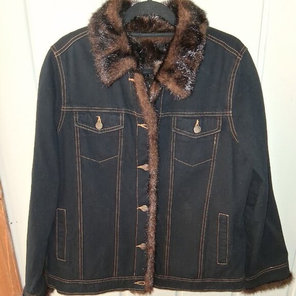 Dennis Basso Dark Blue Denim Jean Jacket w/ Removable Faux Fur Vest NWOT Sz L - Picture 1 of 15